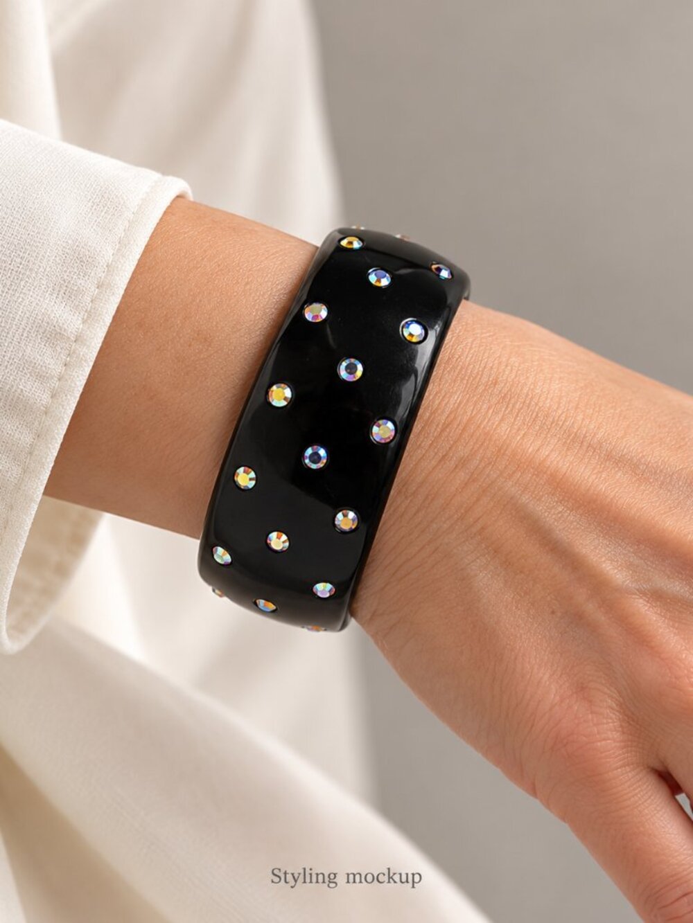 Black Lucite AB Rhinestone Wide Bangle Bracelet